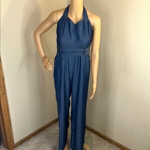 Anthropologie Blue Halter Jumpsuit with Elegant Wide-Leg Design